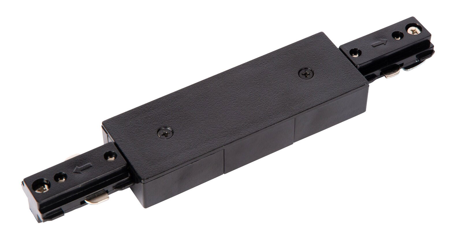 Schwarzer Mitteleinspeiser für Schienensystem, seitliche Perspektive