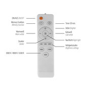 Weiße Fernbedienung für LED-Leuchte mit Ein/Aus, Memory-Funktion, 30-Minuten-Timer, Nachtlicht, Helligkeitsstufen und Farbtemperaturwahl 3000K/4000K/6500K, Frontalansicht.