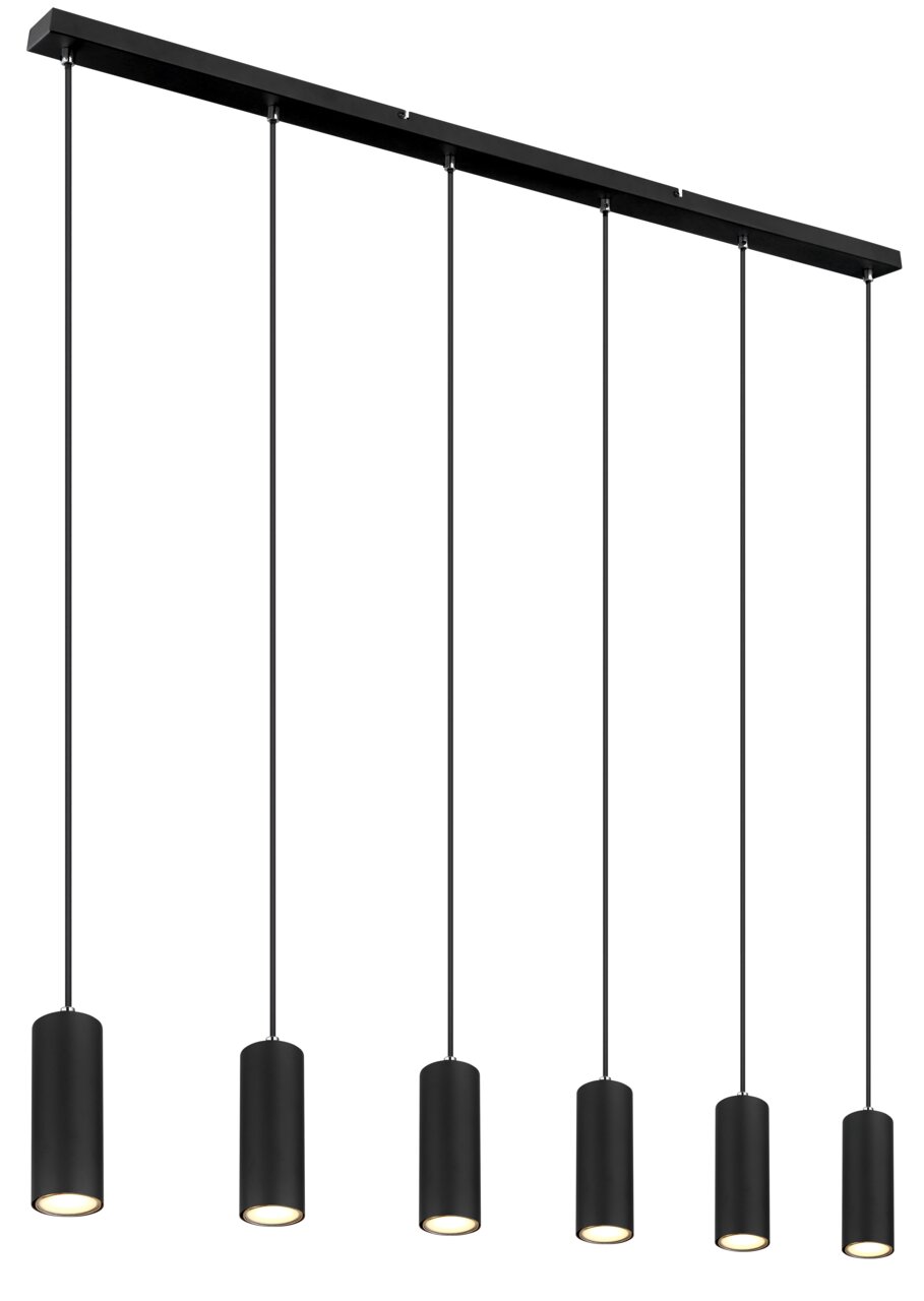 Globo Lighting Hängeleuchte ROBBY Moderne schwarze Hängeleuchte mit sechs zylindrischen Lampenschirmen, seitliche Perspektive