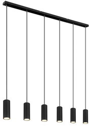 Moderne schwarze Hängeleuchte mit sechs zylindrischen Lampenschirmen, seitliche Perspektive