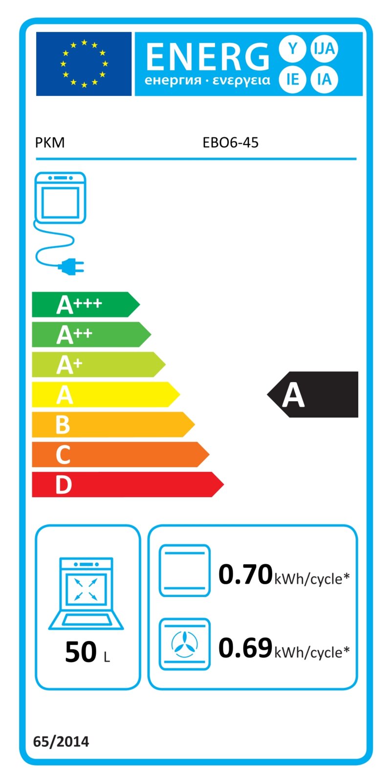 EU-Energielabel für PKM Einbaubackofen EBO6-45, Energieeffizienzklasse A, 50 l Garraum, Verbrauch 0,70 kWh/Zyklus (konventionell) und 0,69 kWh/Zyklus (Umluft), Frontalansicht.