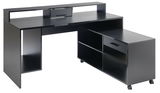 Moderner Gaming-Schreibtisch in Schwarz mit mehreren Ablageflächen und Schubladen, seitliche Perspektive