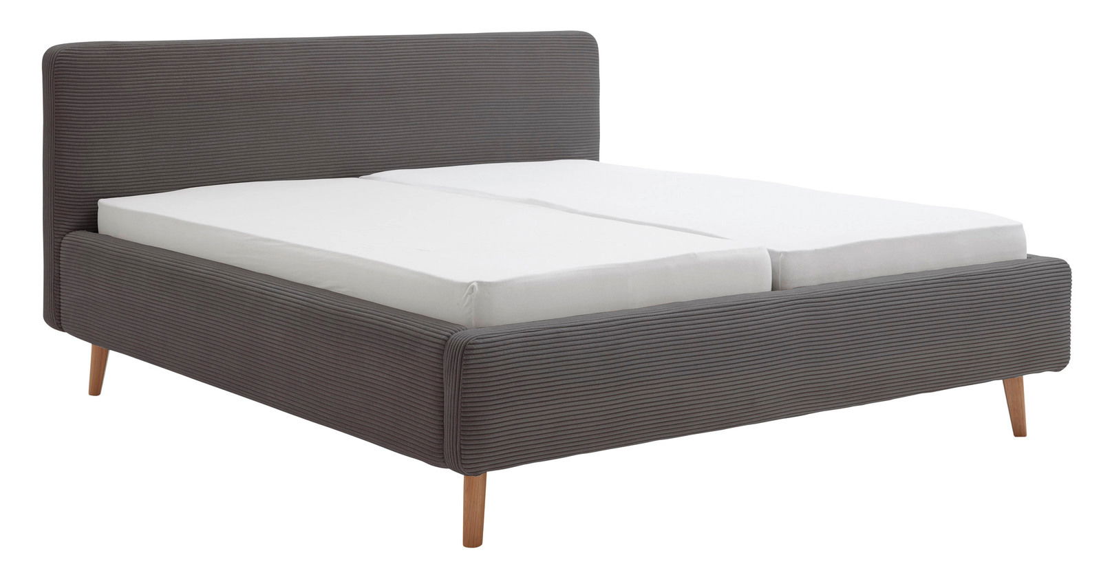 XORA Polsterbettgestell MATTIS Graues Polsterbettgestell mit Holzbeinen, seitliche Perspektive