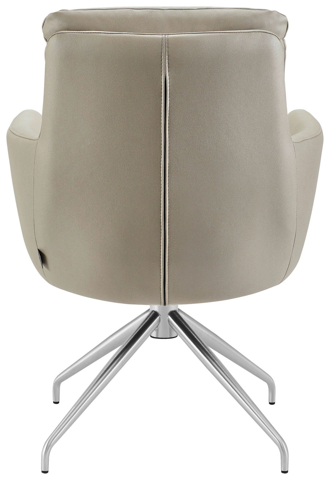 Rückansicht eines modernen Armlehnstuhls mit Metallgestell und beigem Polster.