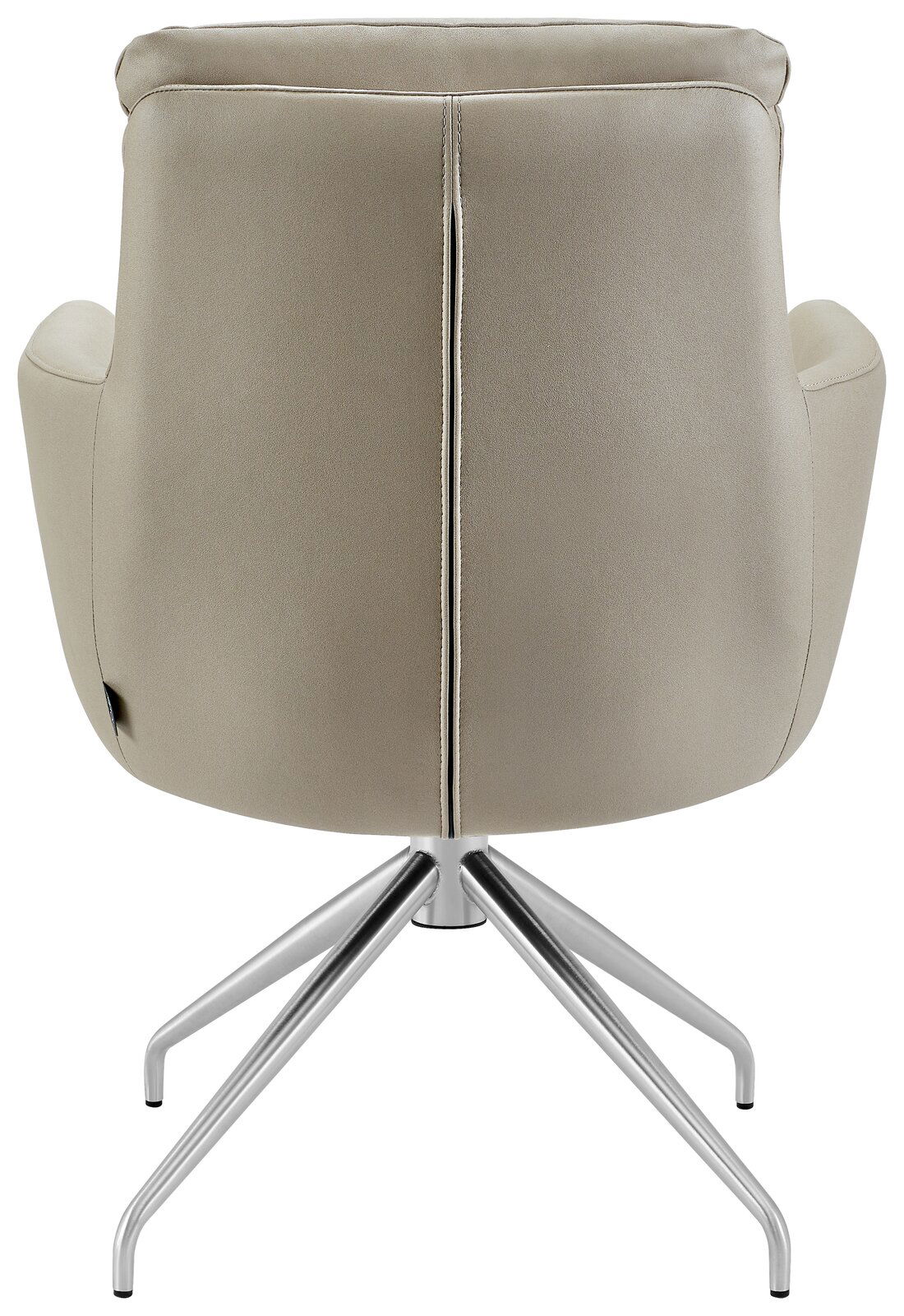 Rückansicht eines modernen Armlehnstuhls mit Metallgestell und beigem Polster.