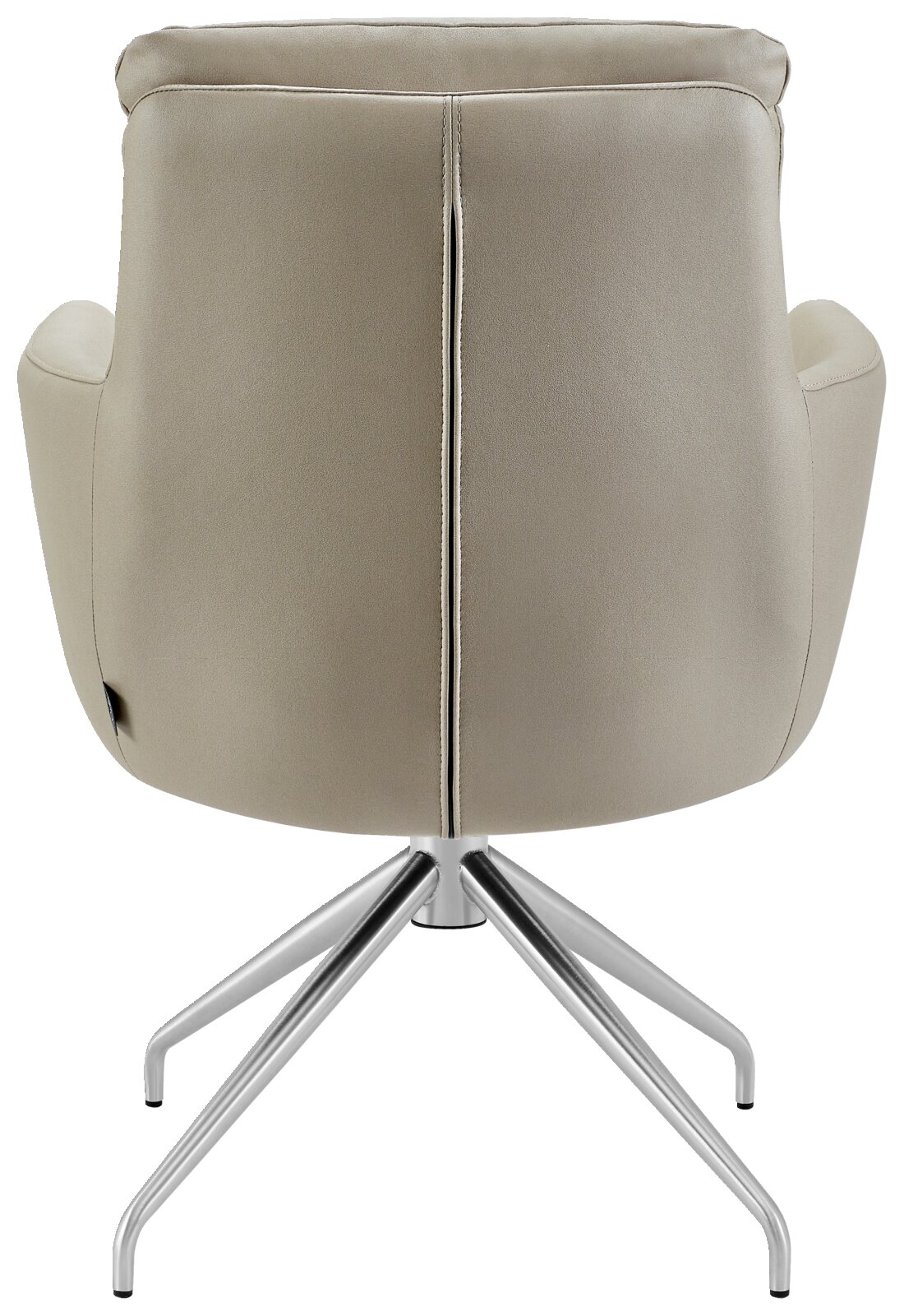 Achterkant van een moderne fauteuil met metalen frame en beige bekleding.