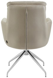 Achterkant van een moderne fauteuil met metalen frame en beige bekleding.