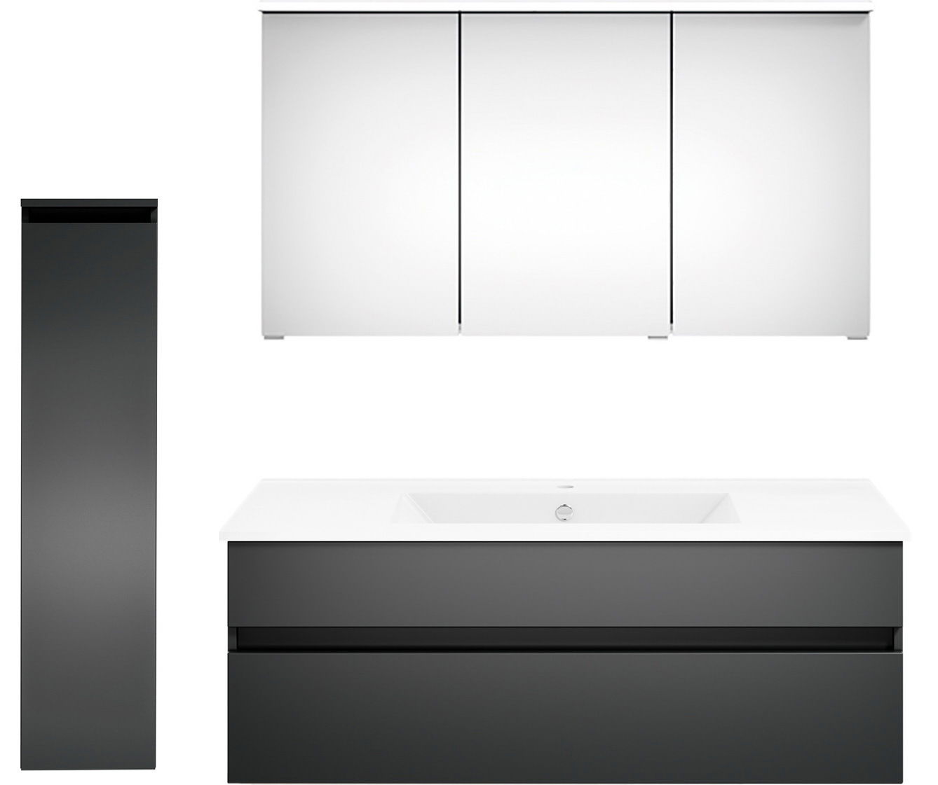 Moderne Badkombination mit dreiteiligem Spiegelschrank, seitlichem Hochschrank und Waschbeckenunterschrank in dunklem Design, Frontalansicht.