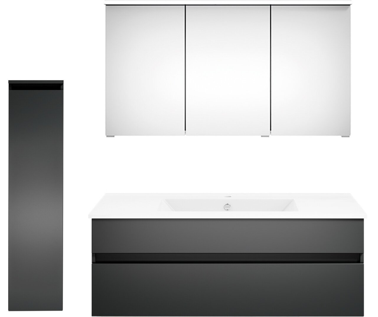 Moderne Badkombination mit dreiteiligem Spiegelschrank, seitlichem Hochschrank und Waschbeckenunterschrank in dunklem Design, Frontalansicht.