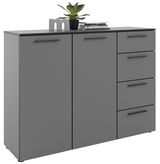 Graues Sideboard mit zwei Türen und vier Schubladen, dekoriert mit einer Pflanze und Büchern, Frontalansicht