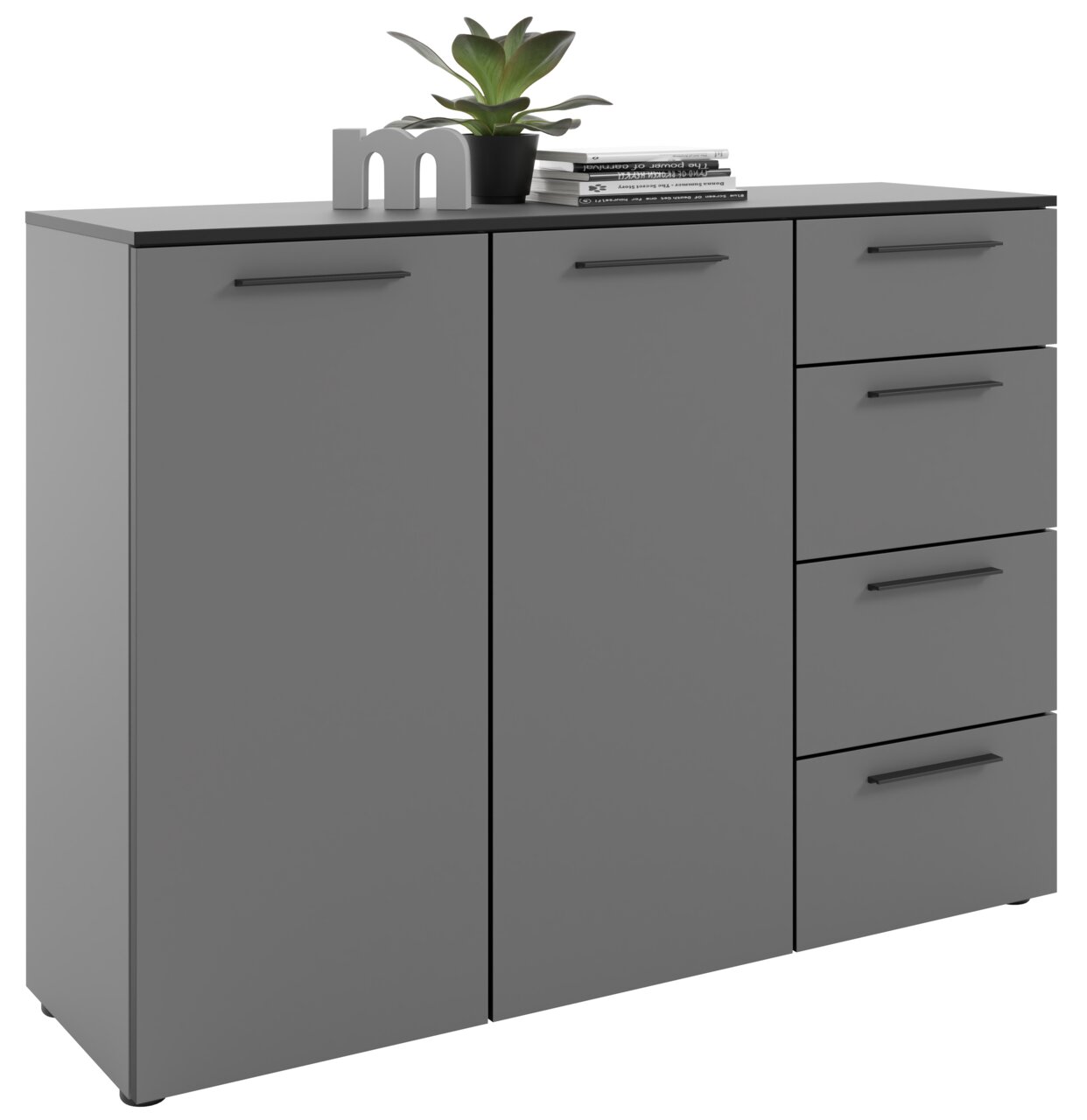 Grijs dressoir met twee deuren en vier lades, versierd met een plant en boeken, vooraanzicht