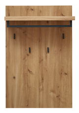 Frontale Ansicht eines Garderobenpaneels aus Holz mit drei schwarzen Haken und einer Ablage oben.