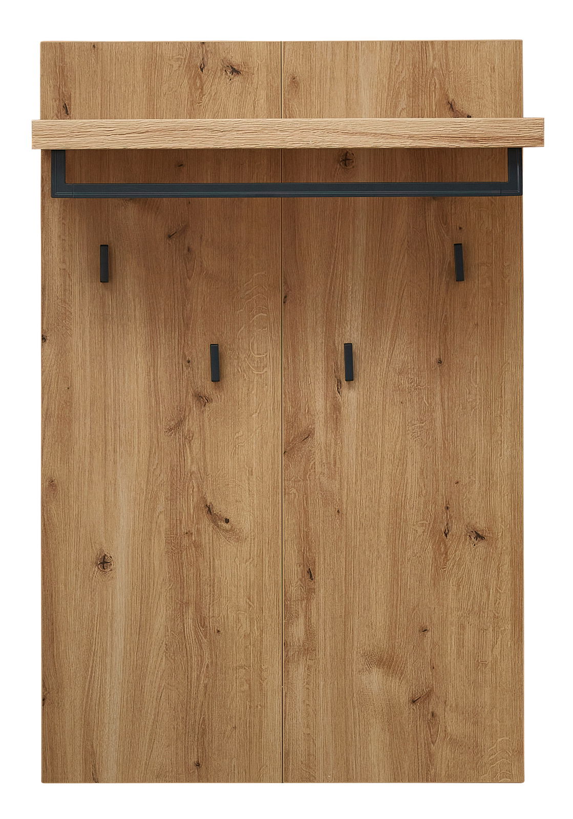 Frontale Ansicht eines Garderobenpaneels aus Holz mit drei schwarzen Haken und einer Ablage oben.