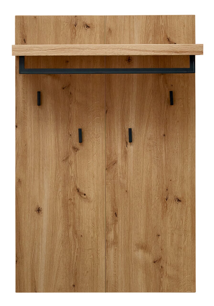 Linea Natura Garderobenpaneel büdig PERSIKO Frontale Ansicht eines Garderobenpaneels aus Holz mit drei schwarzen Haken und einer Ablage oben.