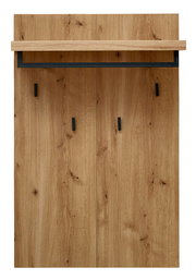 Frontale Ansicht eines Garderobenpaneels aus Holz mit drei schwarzen Haken und einer Ablage oben.
