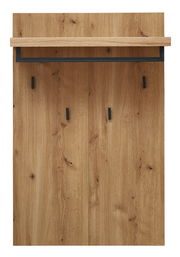 Frontale Ansicht eines Garderobenpaneels aus Holz mit drei schwarzen Haken und einer Ablage oben.