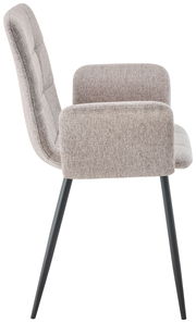 Seitenansicht eines modernen Armlehnstuhls mit grauem Stoffbezug und schwarzen Metallbeinen
