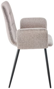 Seitenansicht eines modernen Armlehnstuhls mit grauem Stoffbezug und schwarzen Metallbeinen