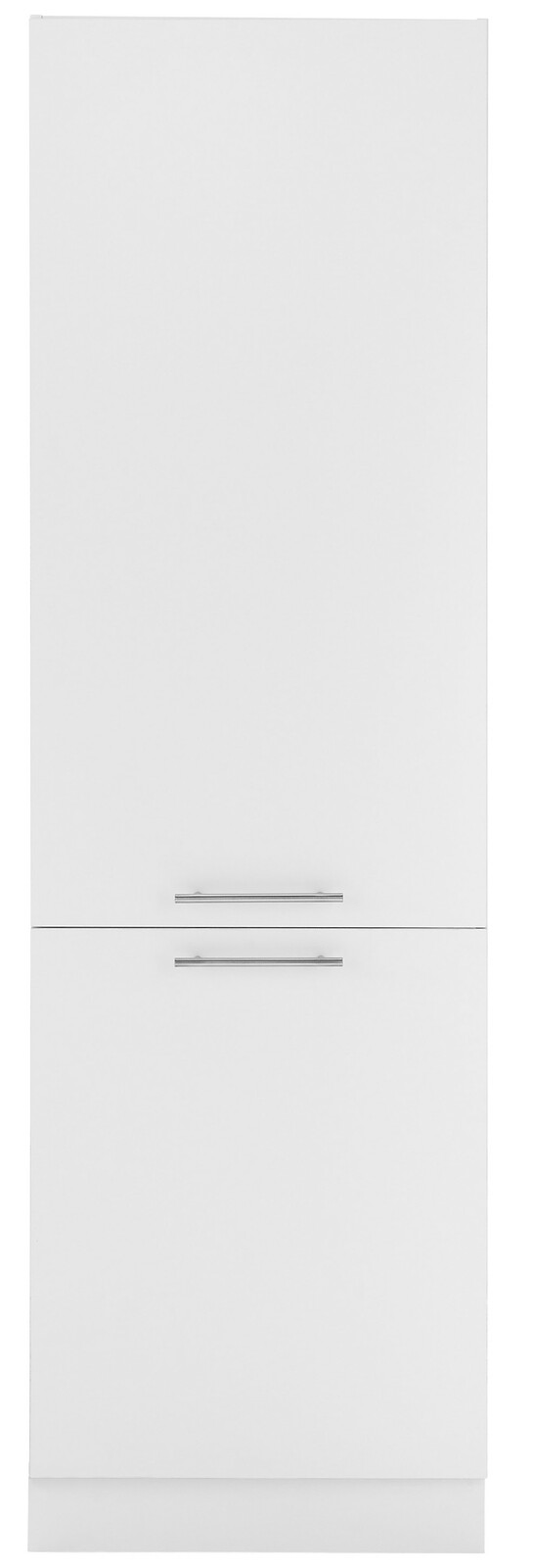 Frontansicht eines weißen Kühlschrankumbauschranks mit zwei Türen und silbernen Griffen.