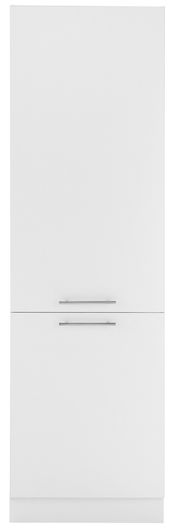 Frontansicht eines weißen Kühlschrankumbauschranks mit zwei Türen und silbernen Griffen.