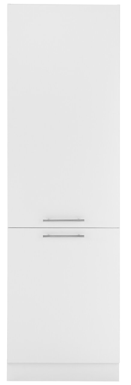 Vooraanzicht van een witte koelkastkast met twee deuren en zilveren handgrepen.