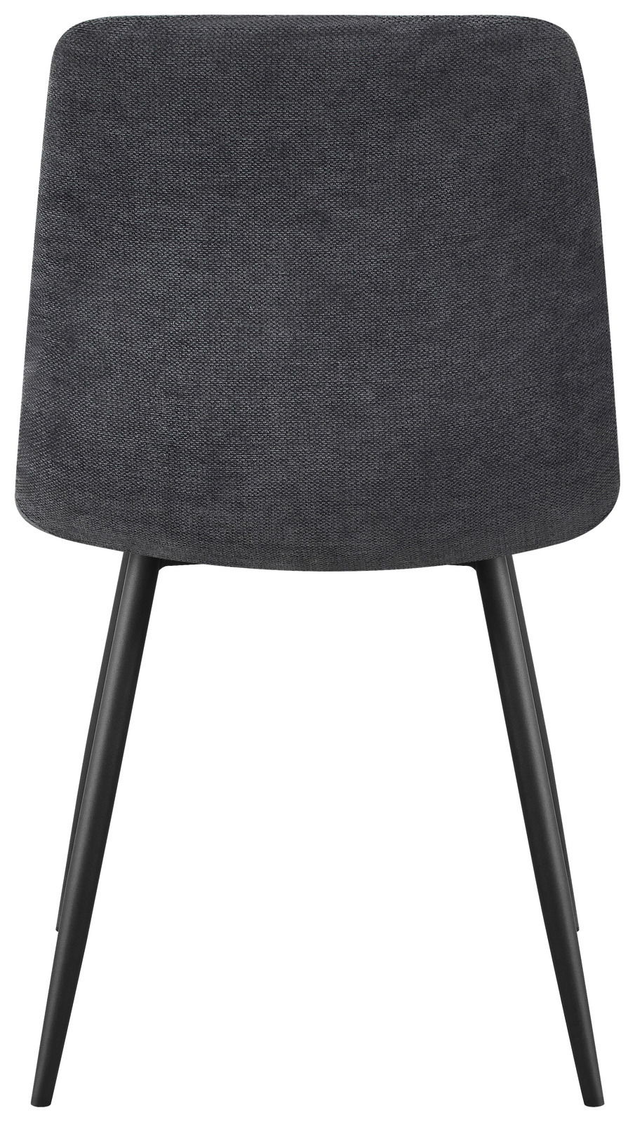 Rückansicht eines modernen, dunkelgrauen Stuhls mit schwarzen Beinen.