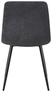 Rückansicht eines modernen, dunkelgrauen Stuhls mit schwarzen Beinen.