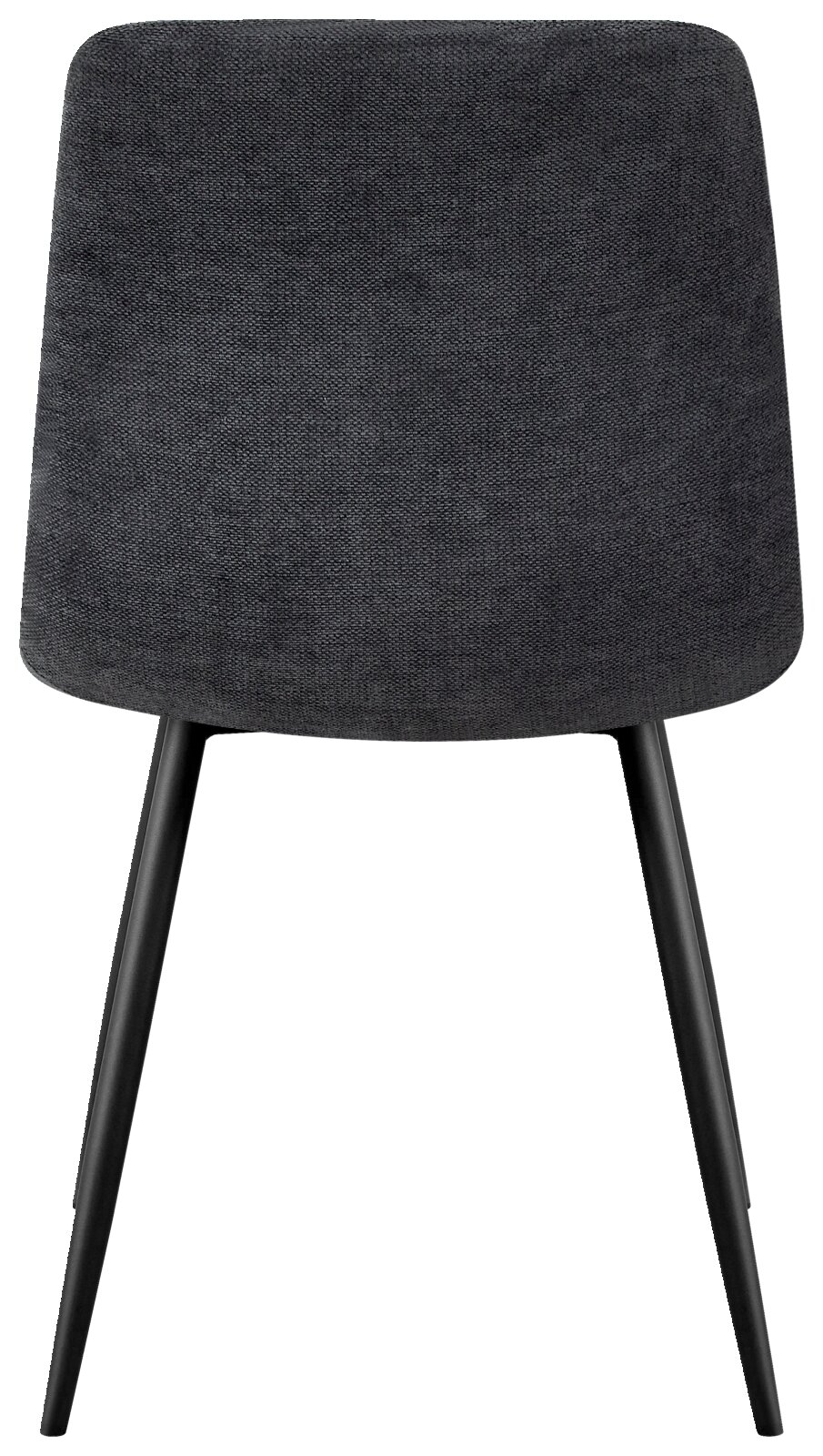 Achterkant van een moderne, donkergrijze stoel met zwarte poten.