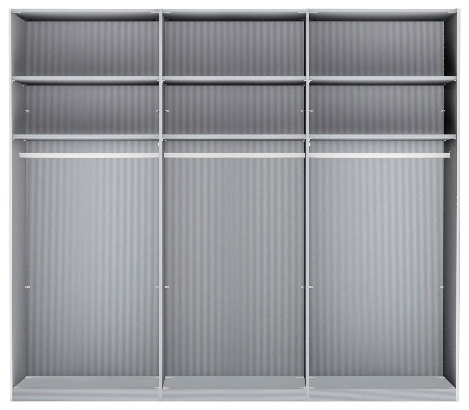 Schwebetürenschrank 3-trg., Innenansicht mit drei Fächern und Kleiderstangen, frontal betrachtet