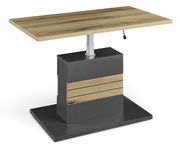 Moderner Couchtisch mit höhenverstellbarer Holzplatte und stabilem Metallfuß, seitliche Perspektive