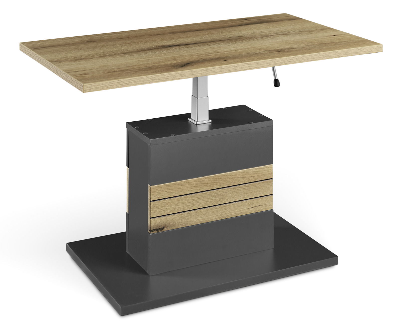 Moderner Couchtisch mit höhenverstellbarer Holzplatte und stabilem Metallfuß, seitliche Perspektive