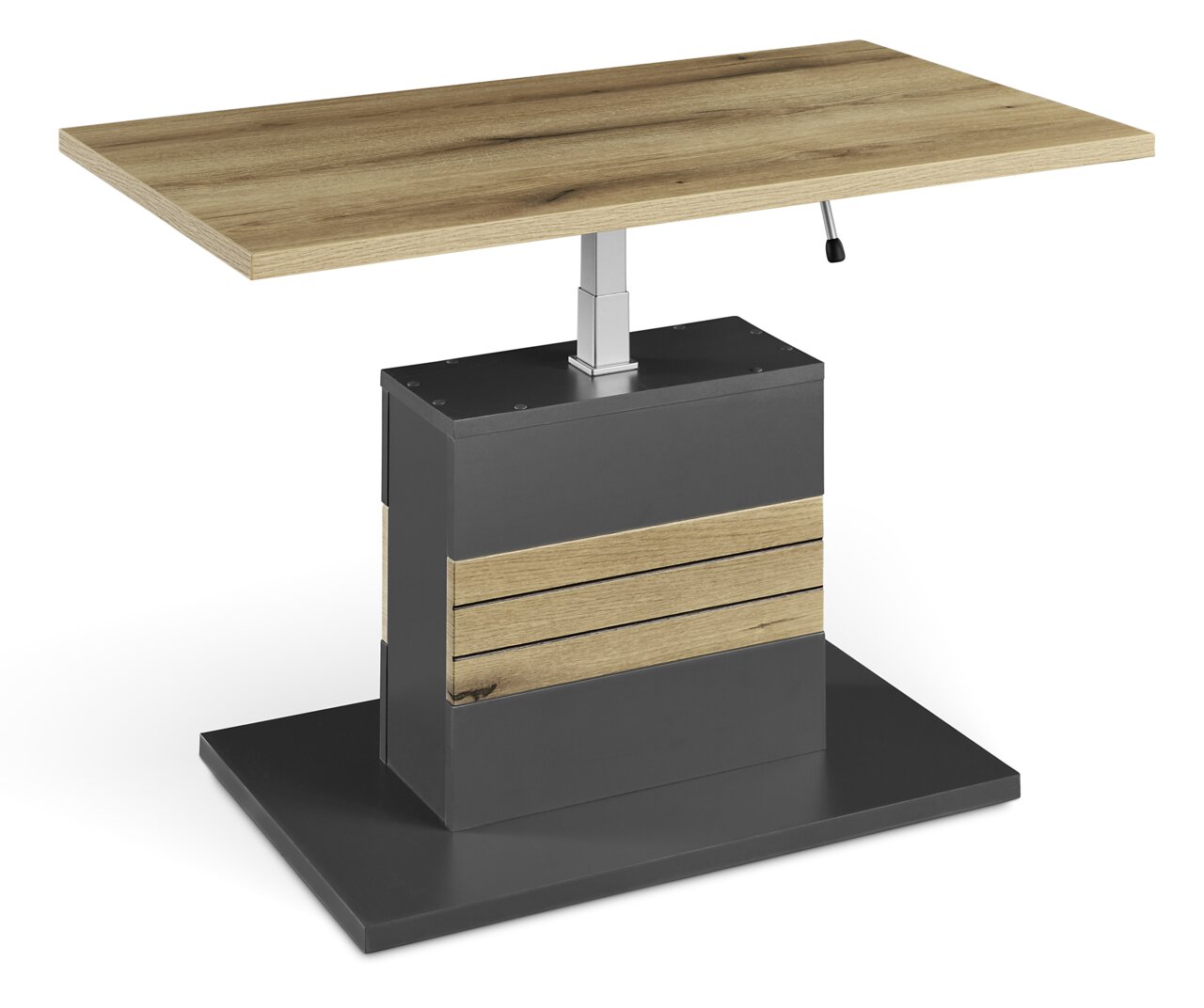 Moderne salontafel met in hoogte verstelbaar houten blad en stevig metalen onderstel, zijaanzicht