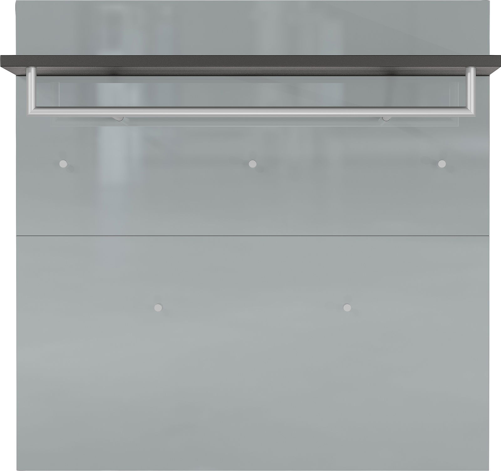 Garderobenpaneel in moderner Frontansicht mit grauer Oberfläche und silberner Kleiderstange.