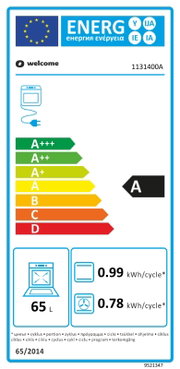 EU-energielabel voor een oven van welcome, energieklasse A, 65 L, verbruik 0,99 kWh/cyclus en 0,78 kWh/cyclus, vooraanzicht