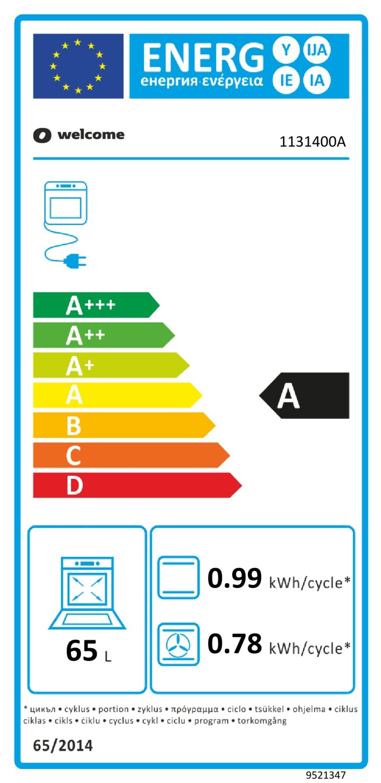 EU-energielabel voor een oven van welcome, energieklasse A, 65 L, verbruik 0,99 kWh/cyclus en 0,78 kWh/cyclus, vooraanzicht