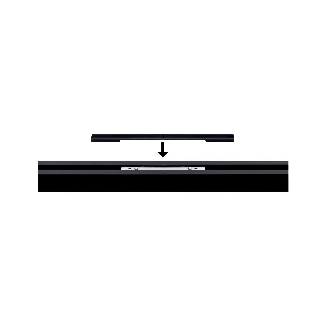 Schwarzer Cover Connector für URAIL-System, von oben betrachtet, mit Pfeil zur Montageanleitung.