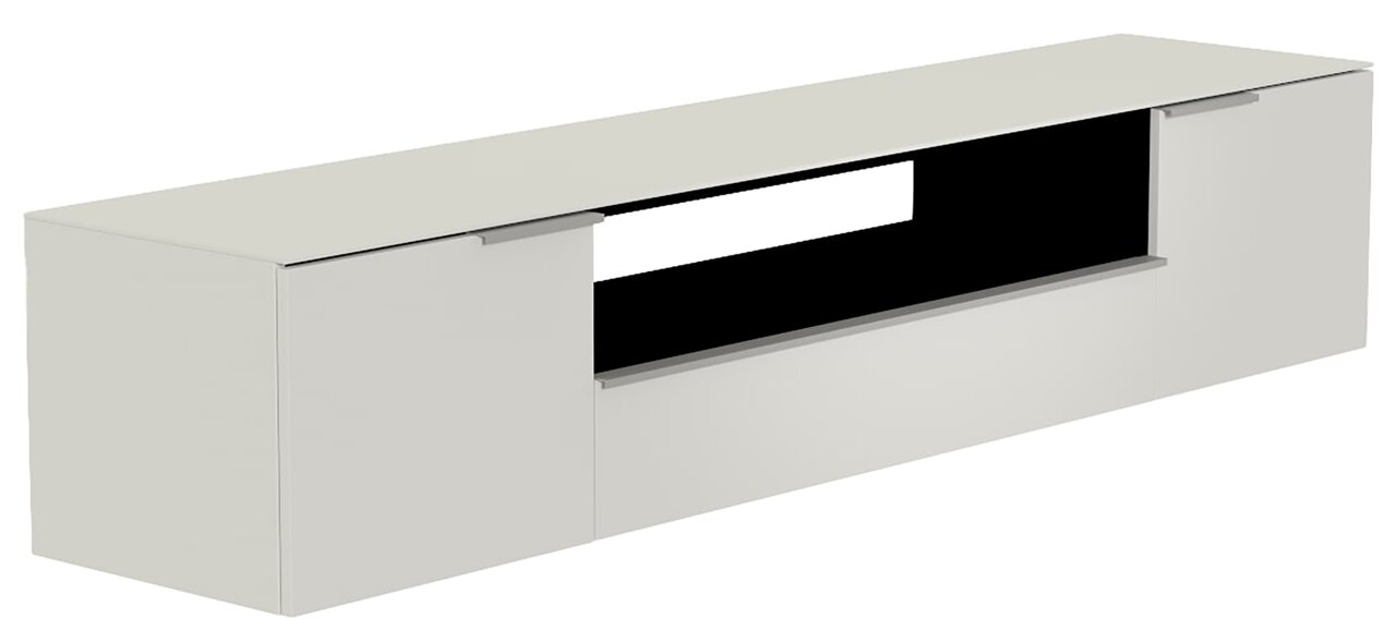 Weißes XL Hänge-Lowboard mit zwei Türen und offenem Fach, seitliche Perspektive