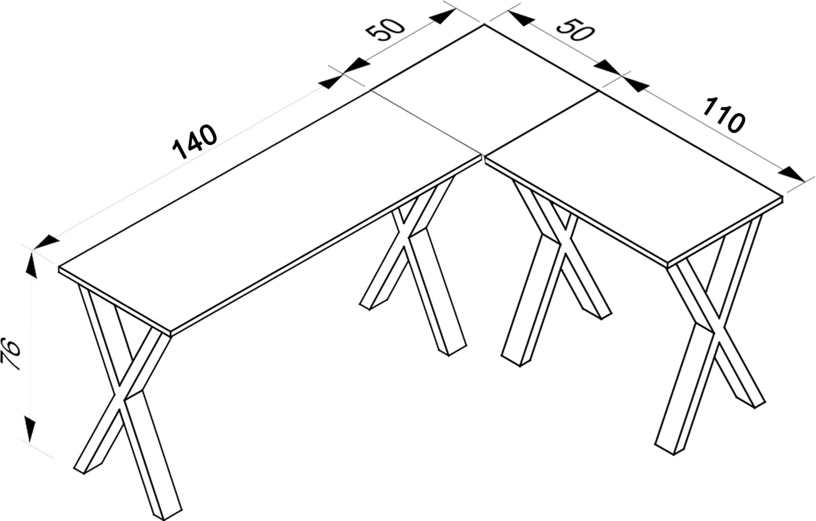 Isometrische Schrägansicht von einem L-förmigen Eckschreibtisch mit X-förmigen Tischbeinen und Maßangaben (ca. 140 cm und 110 cm Schenkel, 50 cm Tiefe, 76 cm Höhe)