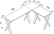 Isometrische Schrägansicht von einem L-förmigen Eckschreibtisch mit X-förmigen Tischbeinen und Maßangaben (ca. 140 cm und 110 cm Schenkel, 50 cm Tiefe, 76 cm Höhe)