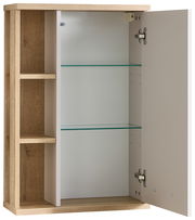 Hängeschrank mit offener Tür, zwei Glasböden und seitlichen Regalfächern, Perspektive von vorne