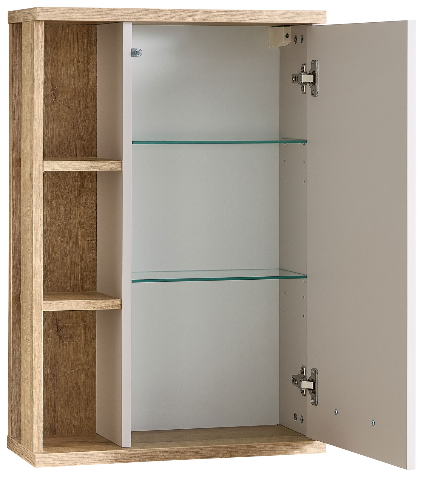 Hängeschrank mit offener Tür, zwei Glasböden und seitlichen Regalfächern, Perspektive von vorne