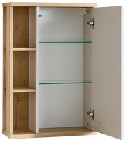 Hängeschrank mit offener Tür, zwei Glasböden und seitlichen Regalfächern, Perspektive von vorne