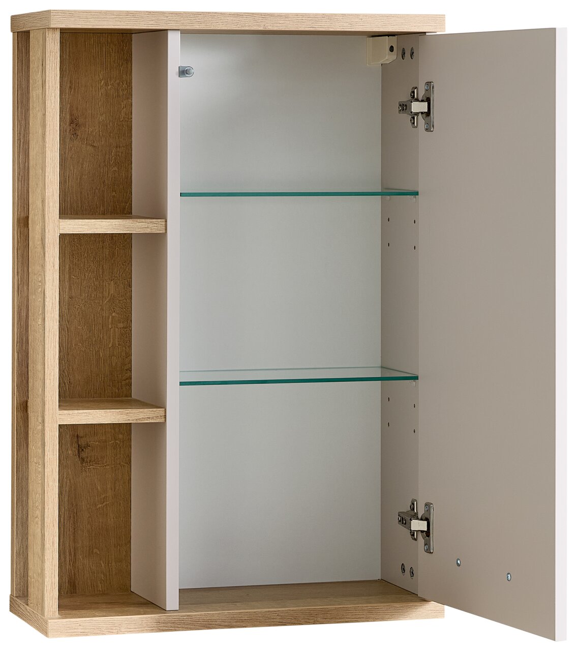 Hängeschrank mit offener Tür, zwei Glasböden und seitlichen Regalfächern, Perspektive von vorne