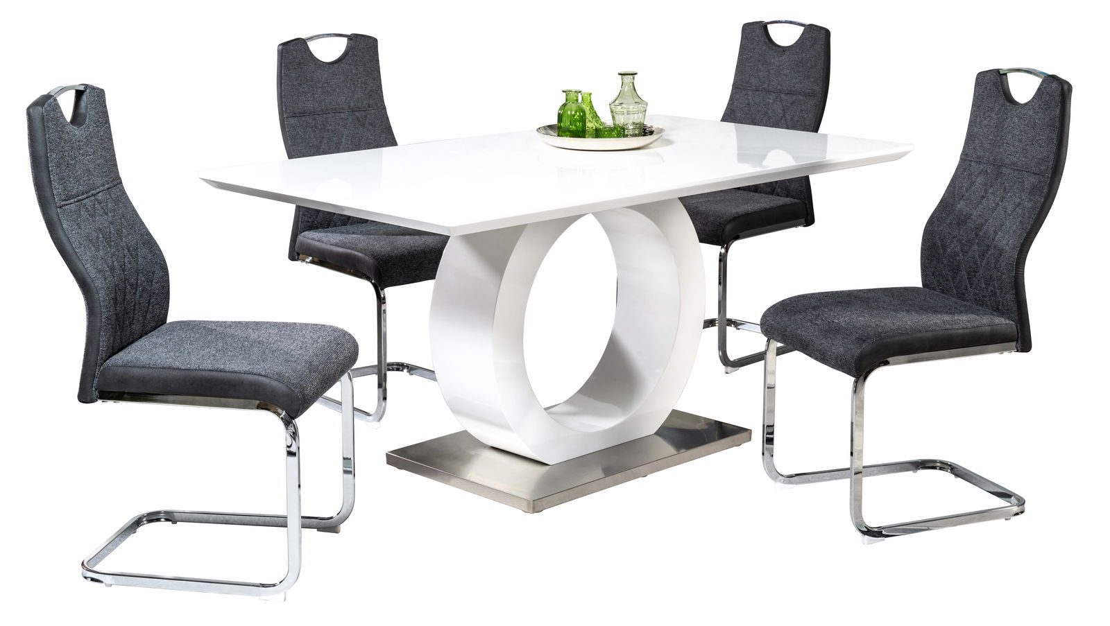 Moderner Schwingstuhl in Grau mit verchromtem Gestell, seitliche Perspektive