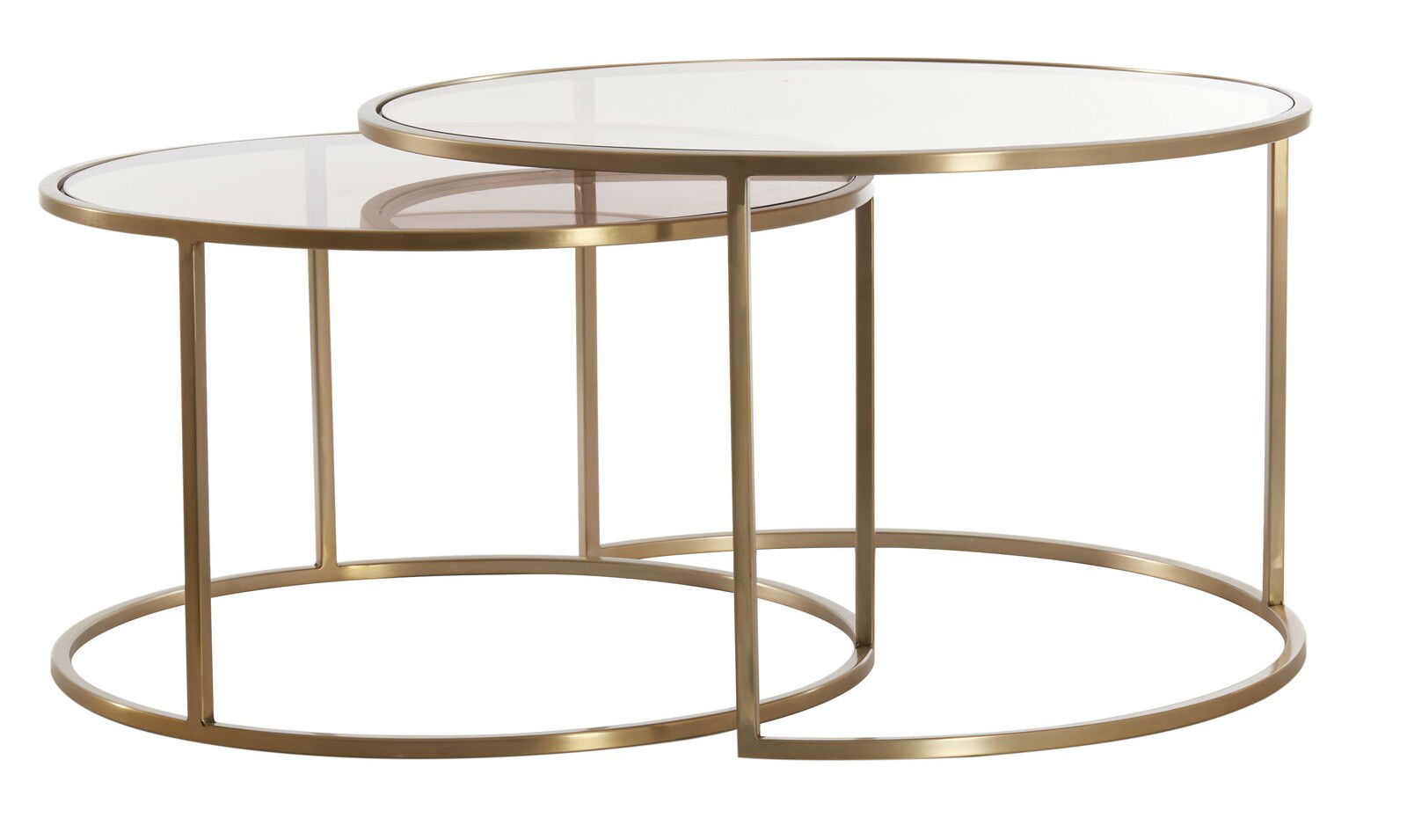 Light&Living Coffee-Table Set SAISON Zwei runde Couchtische aus Glas mit goldfarbenem Metallrahmen, ineinander verschachtelt, seitliche Perspektive.