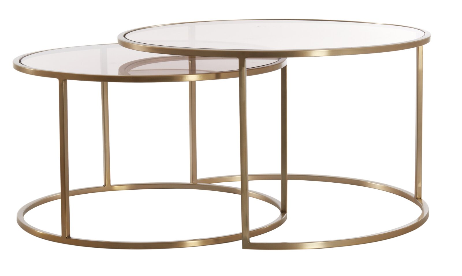 Zwei runde Couchtische aus Glas mit goldfarbenem Metallrahmen, ineinander verschachtelt, seitliche Perspektive.