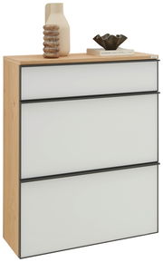 Moderner Hängeschuhschrank mit drei weißen Schubladen und Holzrahmen, dekoriert mit einer Vase und einem Buch, seitliche Perspektive.