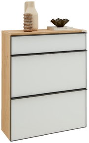 Moderne hangende schoenenkast met drie witte lades en een houten frame, versierd met een vaas en een boek, zijaanzicht.