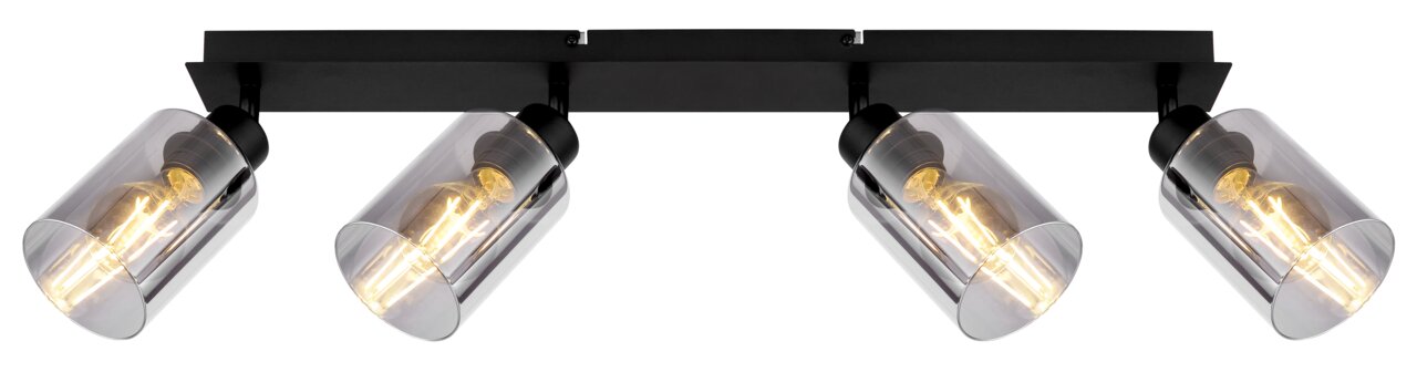 Vierflammiger Strahler aus schwarzem Metall mit mattem Finish, seitliche Perspektive