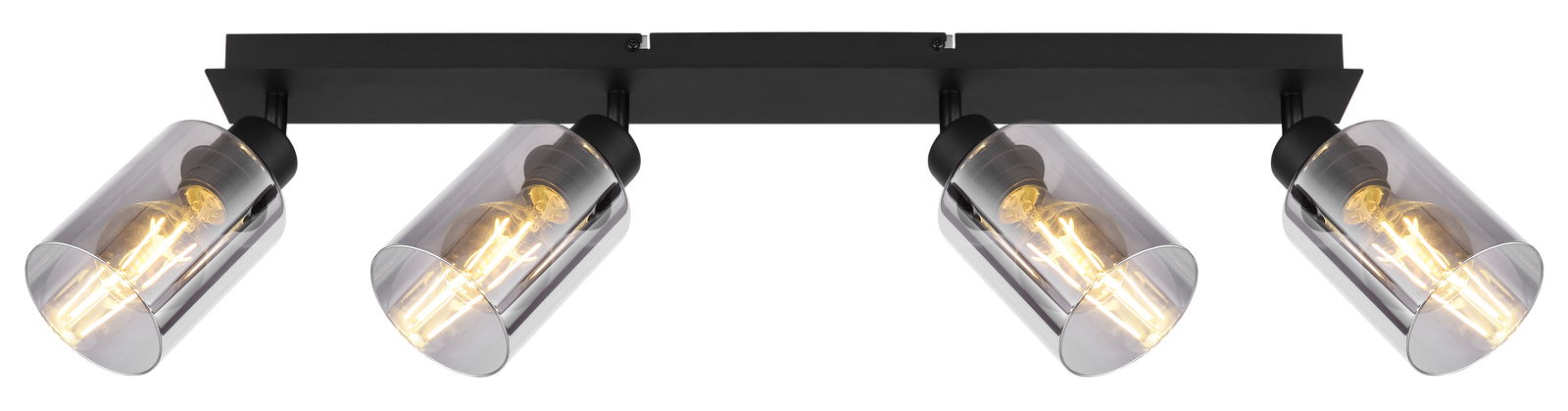 Vierflammiger Strahler aus schwarzem Metall mit mattem Finish, seitliche Perspektive